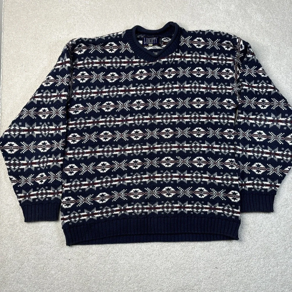 VINTAGE Liberty Sweater Adult‎ Large Multicolor Geometric Holiday USA Made READ